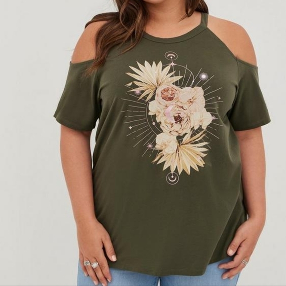 Torrid Floral Cold Shoulder Green Top Size 0 - Large - Picture 1 of 11